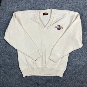 SFKM Sweater Mens Size L Cream V-Neck Universal Studios USA Embroidered Retro